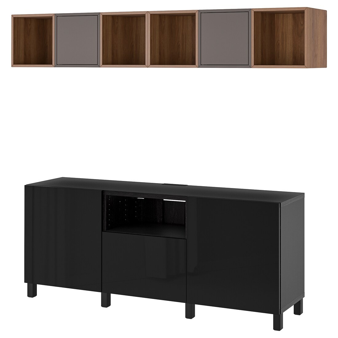 IKEA BESTÅ БЕСТО / EKET ЭКЕТ Комбинация шкафов для ТВ, черно-коричневый темно-серый / орех, 210x42x220 см 19492776 194.927.76
