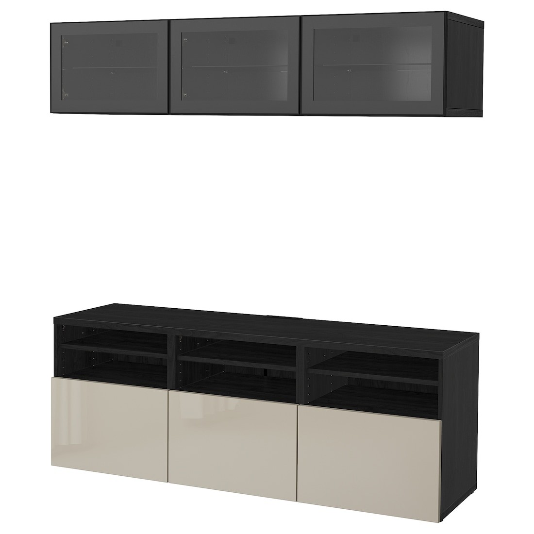 IKEA BESTÅ БЕСТО Комбинация для ТВ / стеклянные двери, черно-коричневый / Selsviken глянцевый / бежевое прозрачное стекло, 180x42x192 см 39407206 | 394.072.06