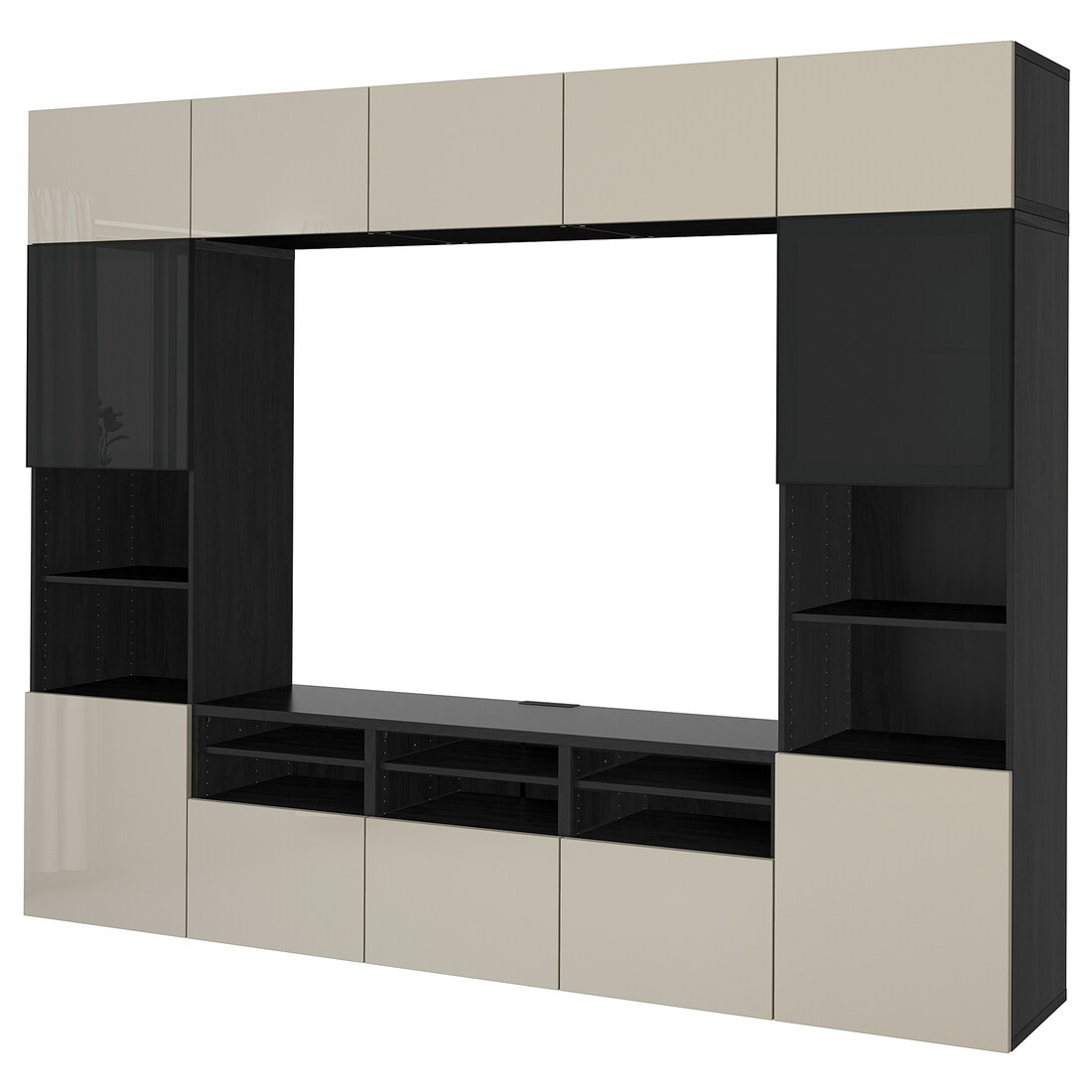 IKEA BESTÅ БЕСТО Комбинация для ТВ / стеклянные двери, черно-коричневый / Selsviken глянцевый / бежевое дымчатое стекло, 300x42x231 см 49411024 494.110.24