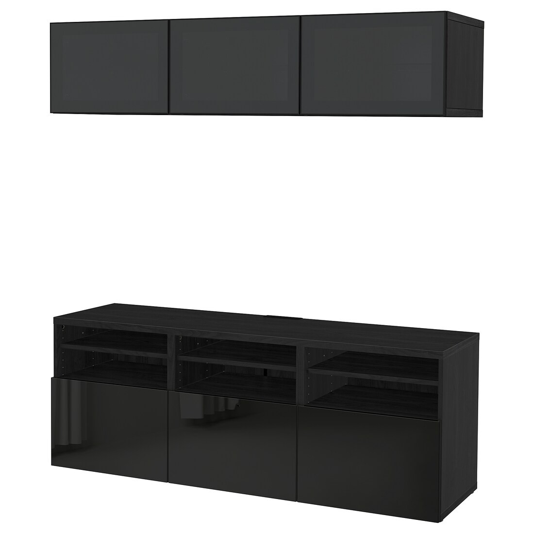 IKEA BESTÅ БЕСТО Комбинация для ТВ / стеклянные двери, черно-коричневый / Selsviken глянцевый / черное дымчатое стекло, 180x42x192 см 49407215 494.072.15