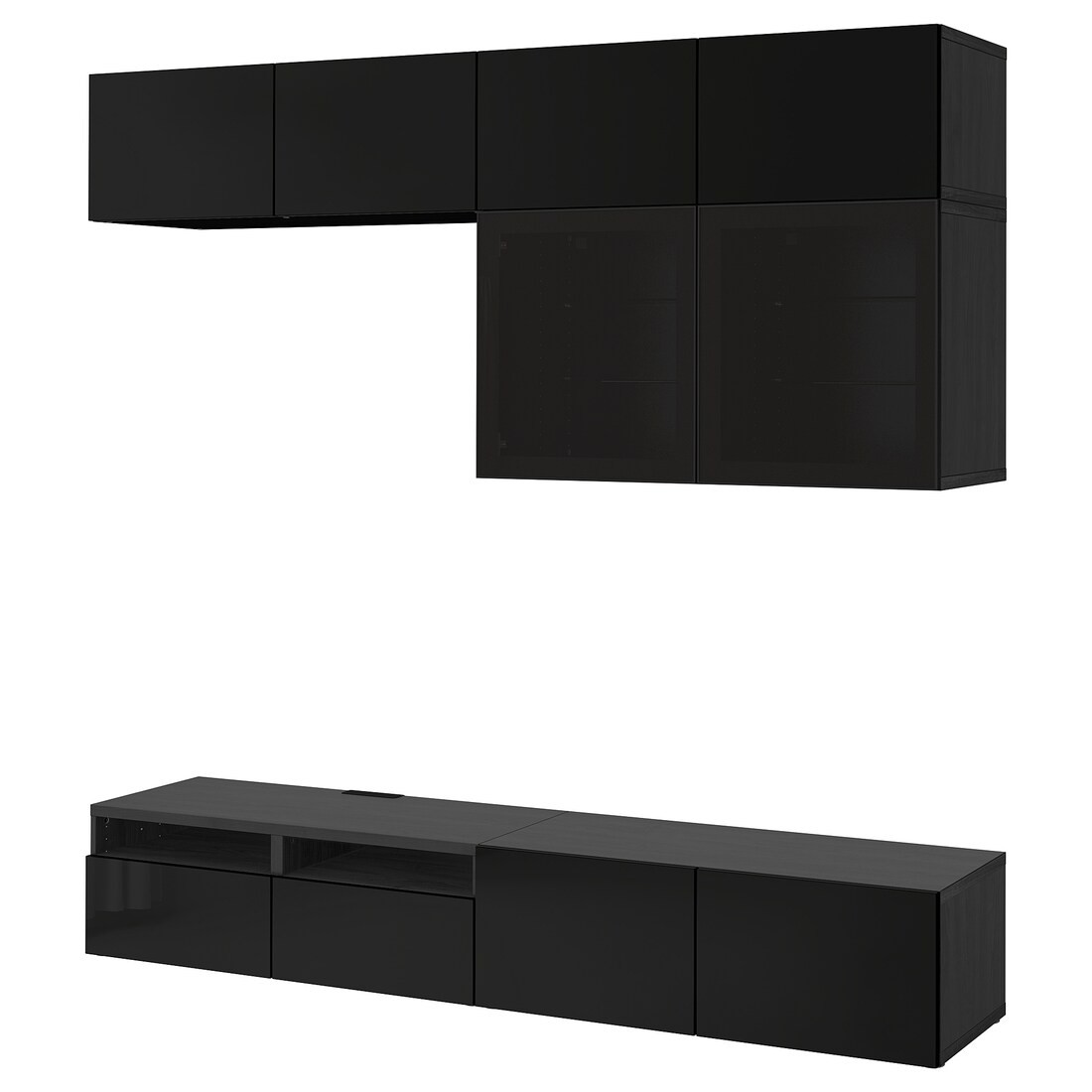 IKEA BESTÅ БЕСТО Комбинация для ТВ / стеклянные двери, черно-коричневый / Selsviken глянцевый / черное дымчатое стекло, 240x42x231 см 19412237 194.122.37