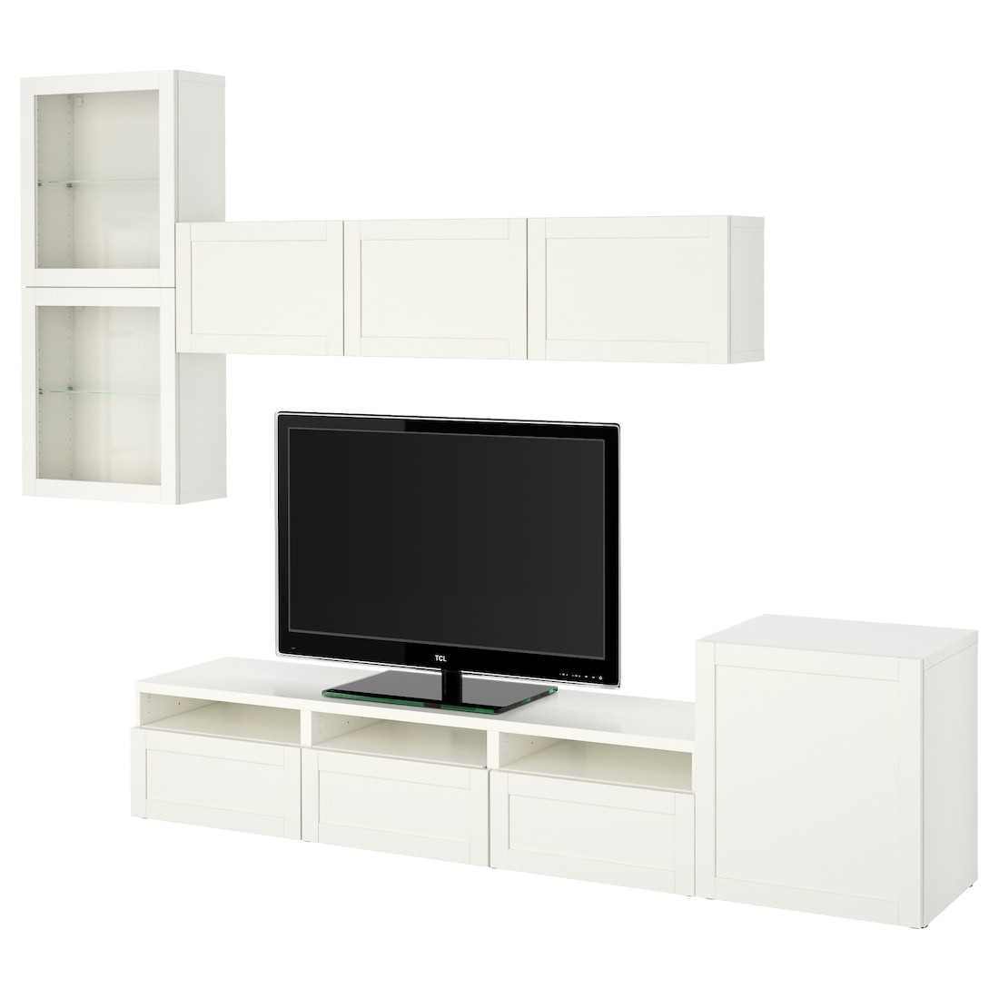 IKEA BESTÅ БЕСТО Комбинация для ТВ / стеклянные двери, белый / Hanviken белый стекло прозрачное, 300x42x211 см 39406725 | 394.067.25