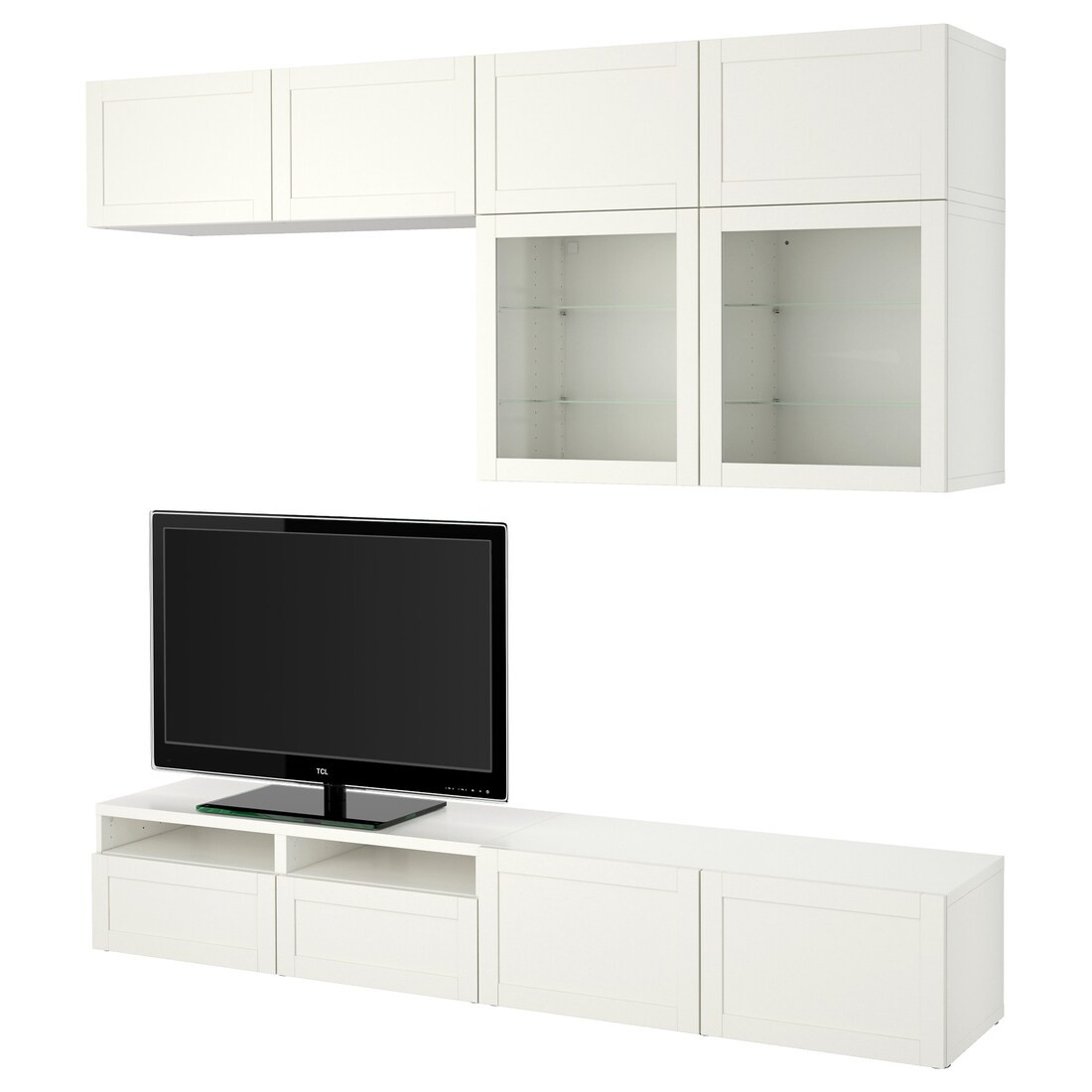 IKEA BESTÅ БЕСТО Комбинация для ТВ / стеклянные двери, белый / Hanviken белый стекло прозрачное, 240x42x231 см 49412354 494.123.54
