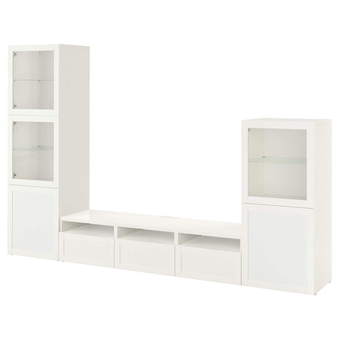IKEA BESTÅ БЕСТО Комбинация для ТВ / стеклянные двери, белый / Hanviken белый стекло прозрачное, 300x42x193 см 99406384 994.063.84