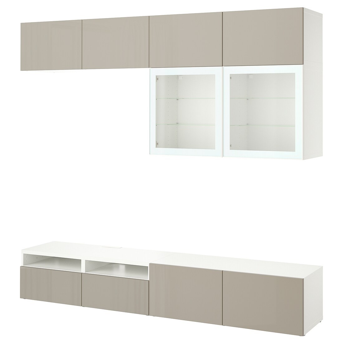 IKEA BESTÅ БЕСТО Комбинация для ТВ / стеклянные двери, белый / Selsviken глянцевый / бежевый прозрачное стекло, 240x42x231 см 69488809 | 694.888.09