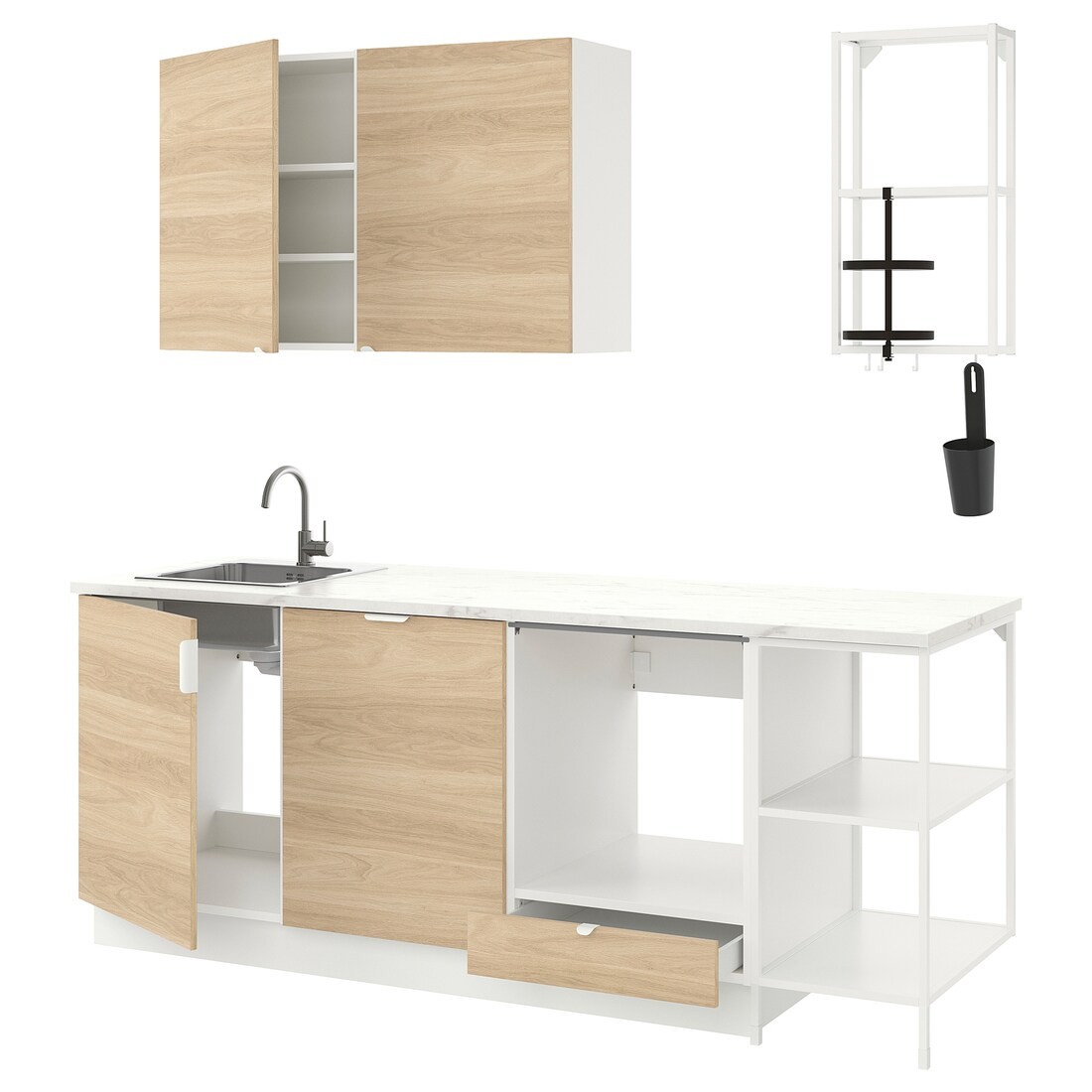 IKEA ENHET ЭНХЕТ Кухня, белый / имитация дуба, 223x63.5x222 см 09337743 | 093.377.43