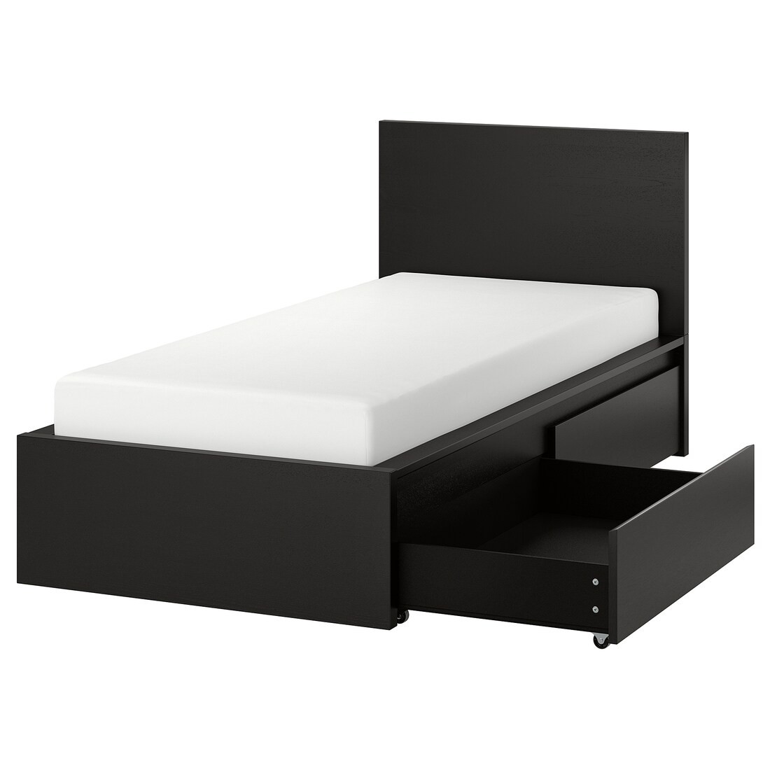 IKEA MALM МАЛЬМ Кровать односпальная с 2 ящиками, черно-коричневый / Leirsund, 90x200 см 89032719 890.327.19