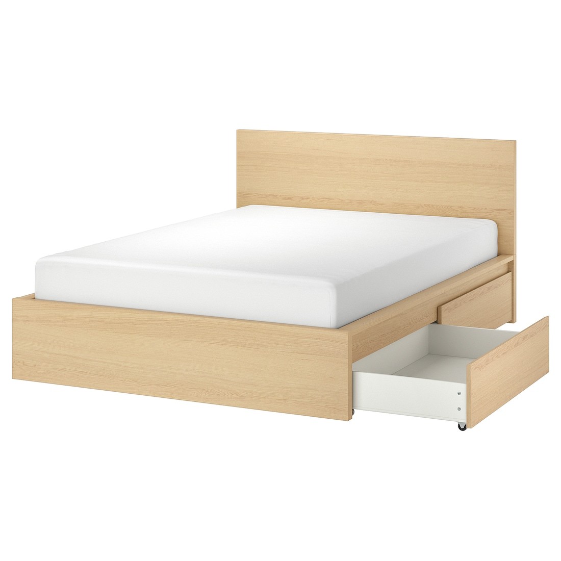 IKEA MALM МАЛЬМ Кровать двуспальная с 2 ящиками, дубовый шпон беленый / Lindbåden, 140x200 см 39494996 394.949.96