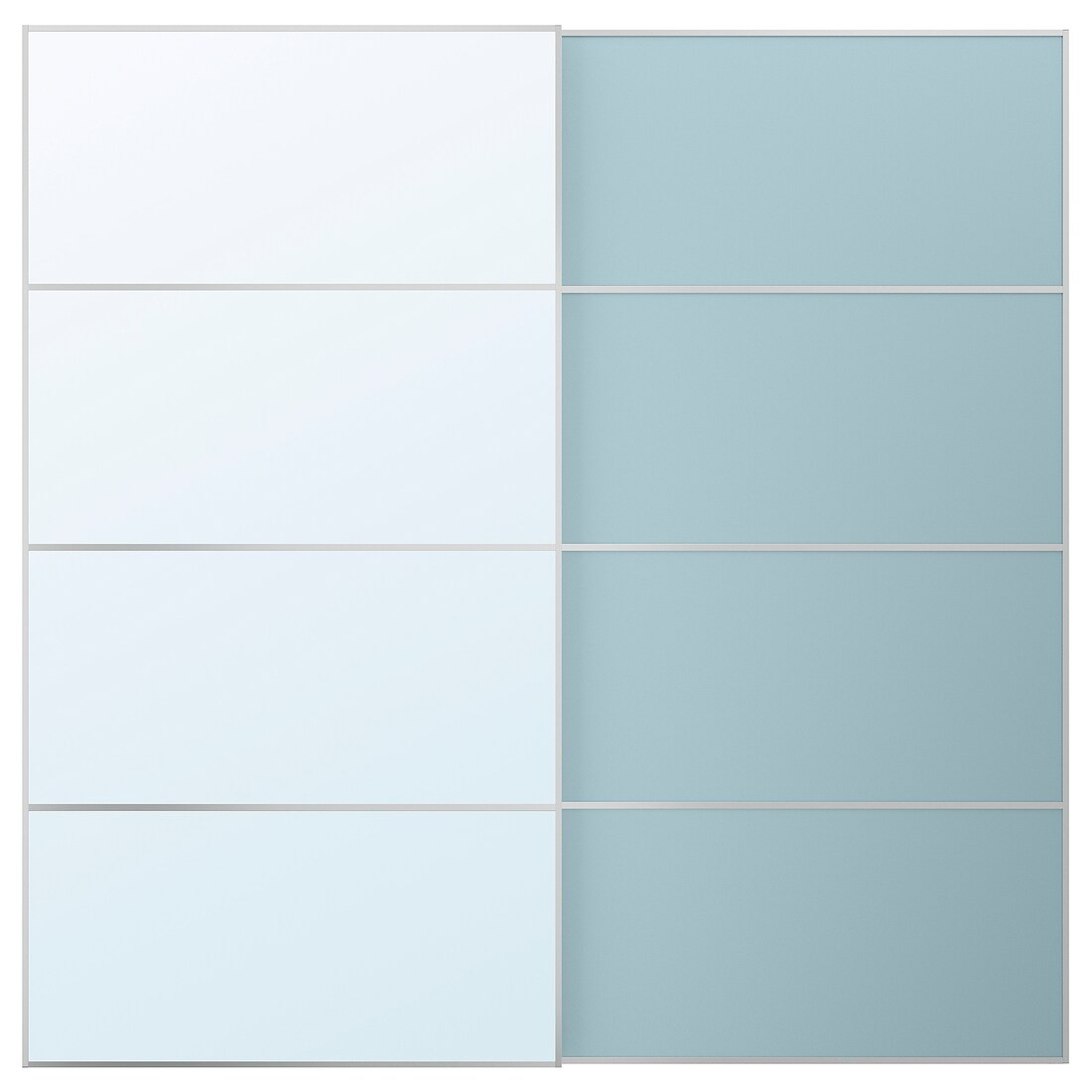 IKEA MEHAMN/AULI пара раздвижных дверей, алюминиевое 2-стороннее / голубое зеркало, 200x201 см 59552184 | 595.521.84