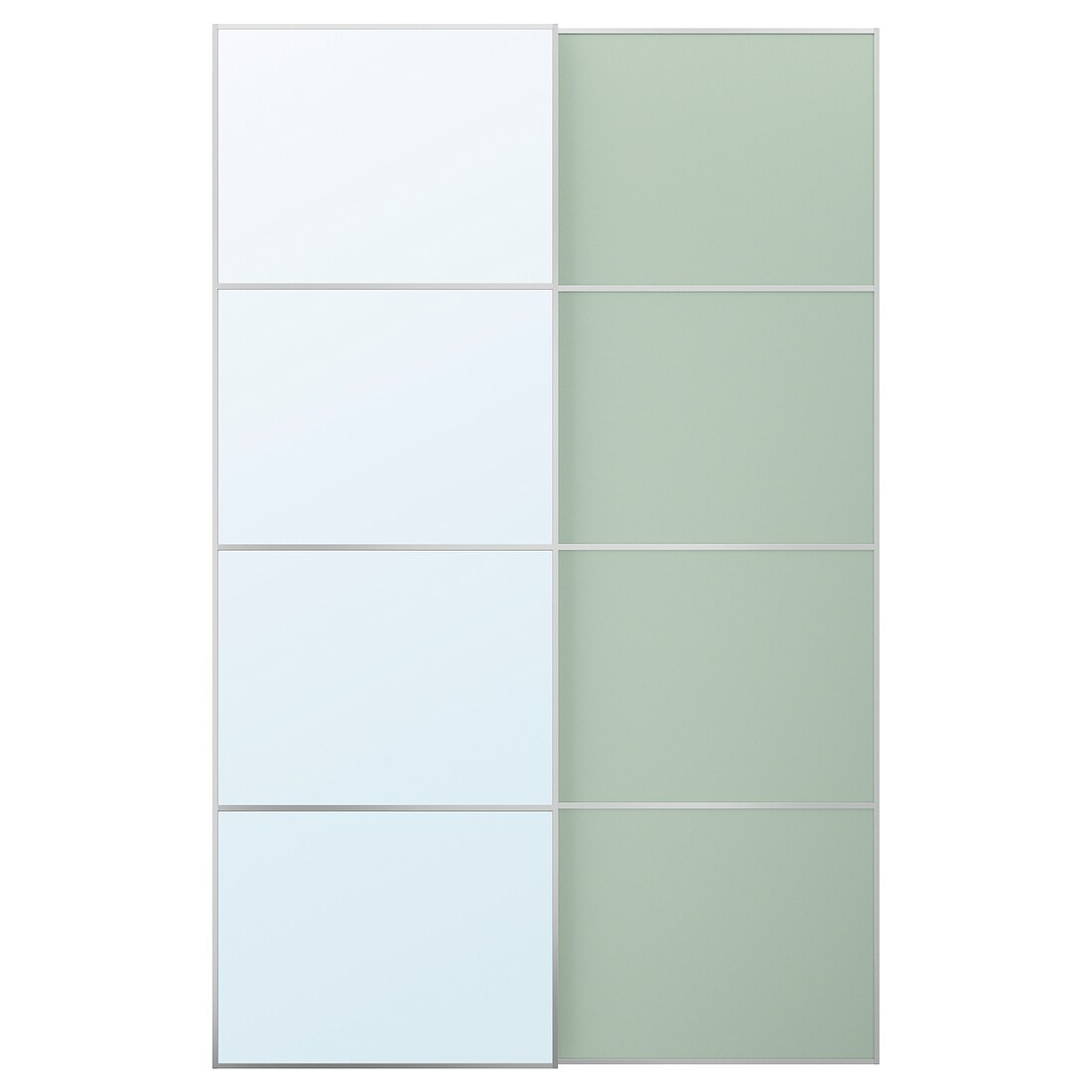 IKEA MEHAMN/AULI Пара раздвижных дверей, алюминиевое 2-стороннее / светло-зеленое зеркало, 150x236 см 69552193 | 695.521.93