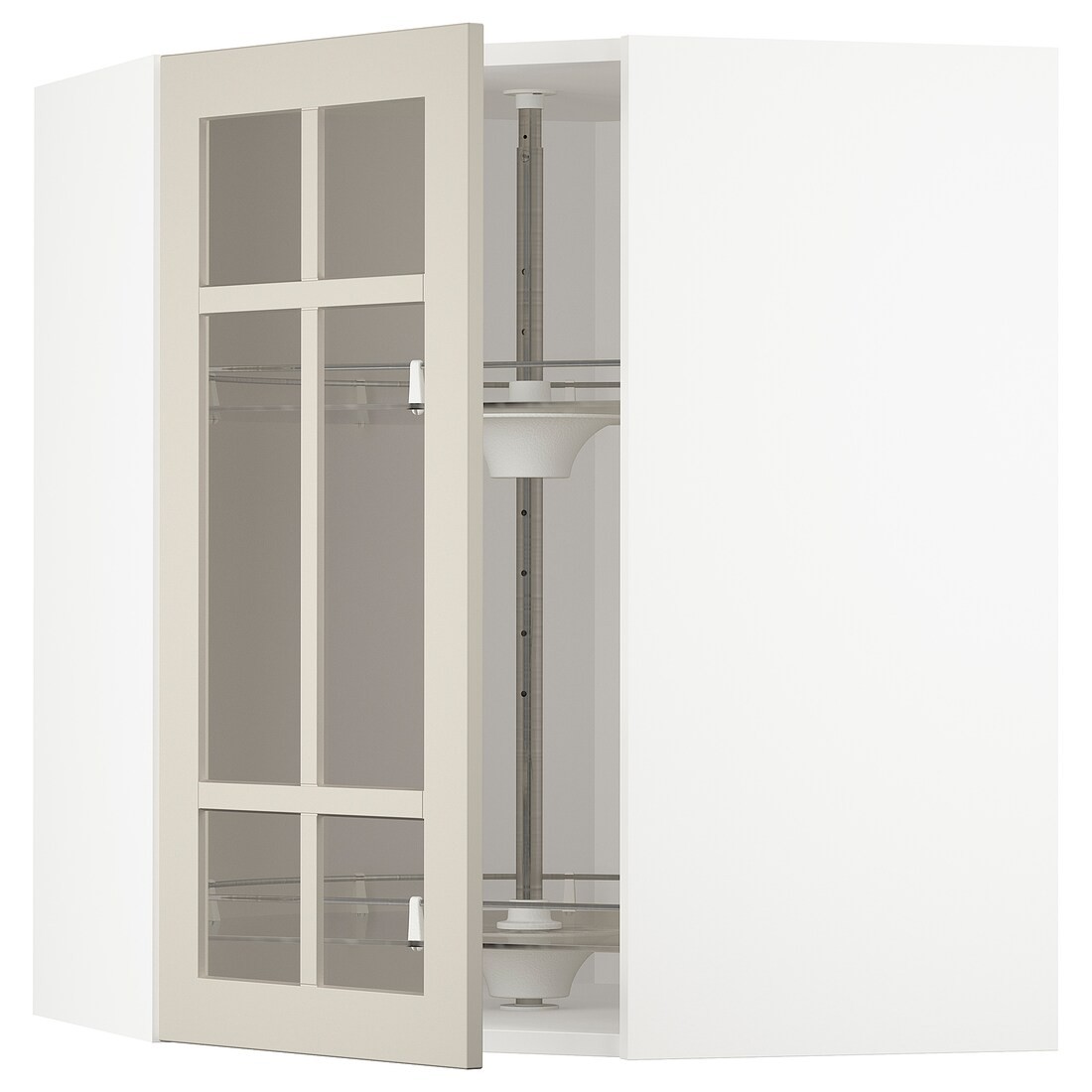 IKEA METOD МЕТОД Угловой настенный шкаф с каруселью / стеклянная дверь, белый / Stensund бежевый, 68x80 см 39407980 394.079.80