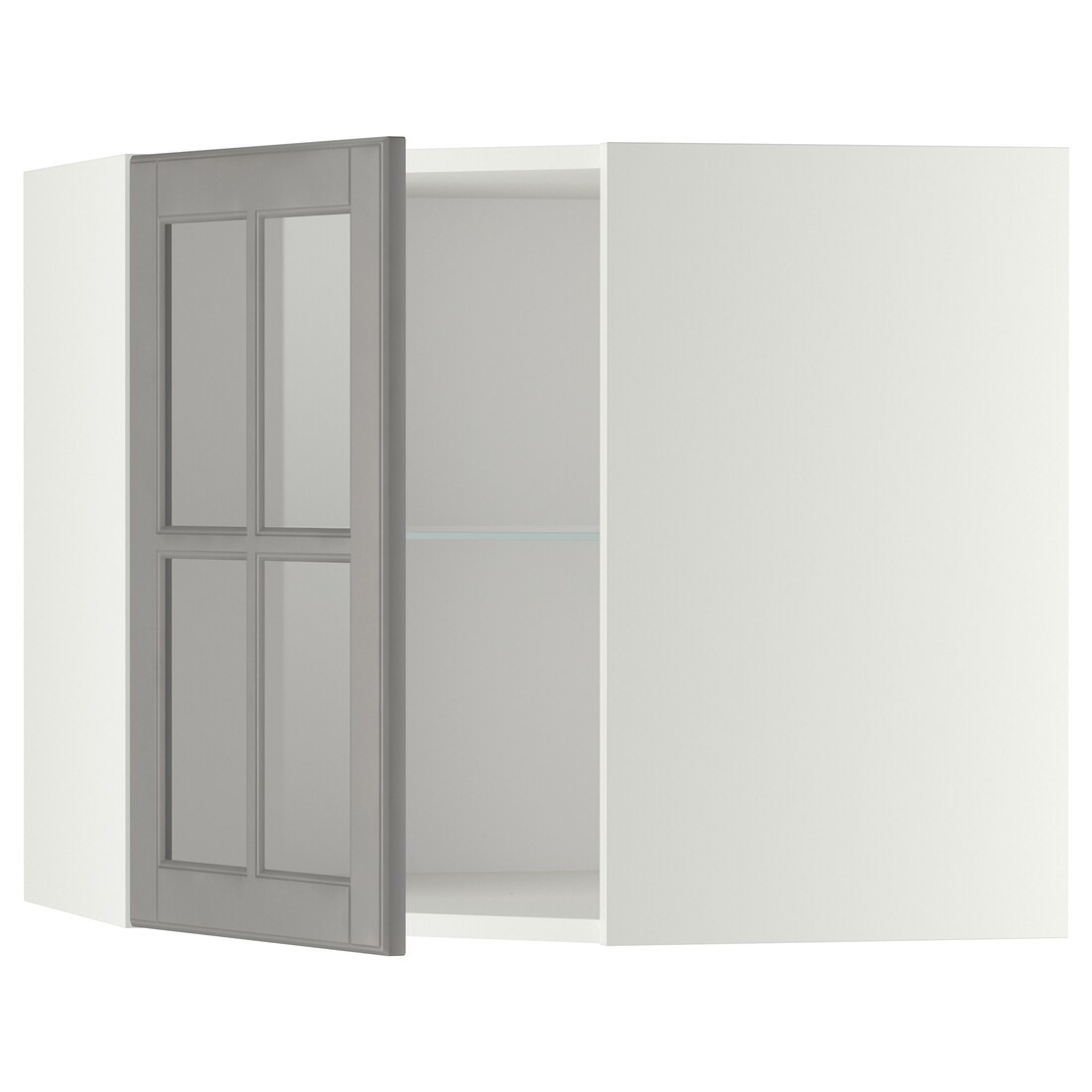 IKEA METOD МЕТОД Угловой настенный шкаф с полками / стеклянная дверь, белый / Bodbyn серый, 68x60 см 49394963 493.949.63