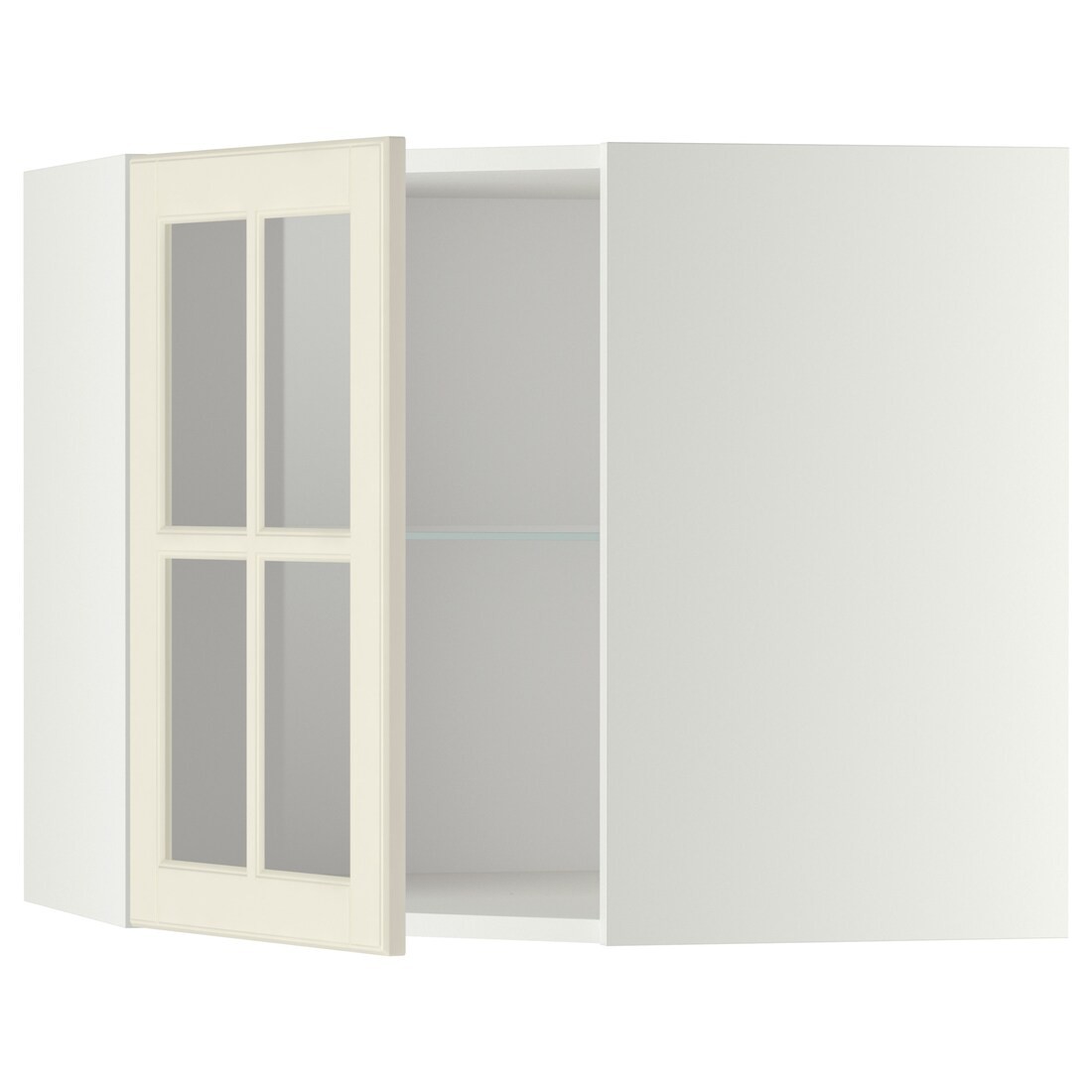 IKEA METOD МЕТОД Угловой настенный шкаф с полками / стеклянная дверь, белый / Bodbyn кремовый, 68x60 см 49395509 493.955.09