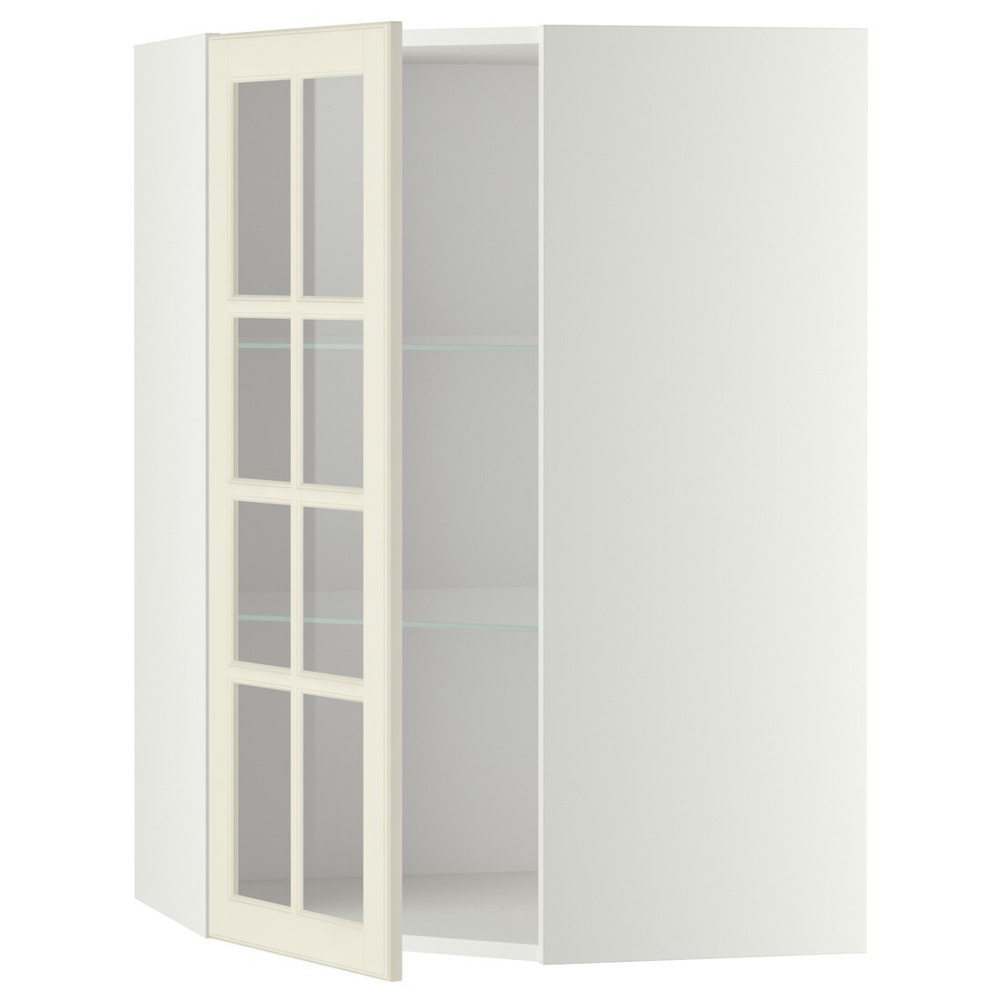 IKEA METOD МЕТОД Угловой настенный шкаф с полками / стеклянная дверь, белый / Bodbyn кремовый, 68x100 см 39394987 393.949.87