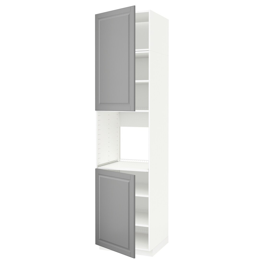 IKEA METOD МЕТОД Высок шкаф для духовки / 2 дверцы / полки, белый / Bodbyn серый, 60x60x240 см 49454221 | 494.542.21