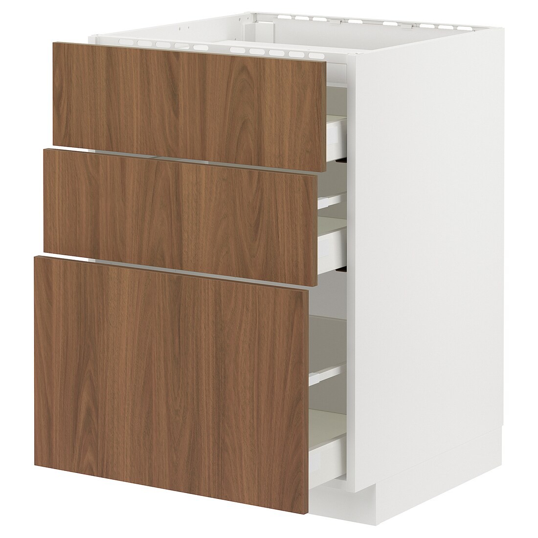 IKEA METOD / MAXIMERA Шкаф для варочной панели / 3 ящика, белый / Имитация коричневого ореха, 60x60 см 69519721 695.197.21