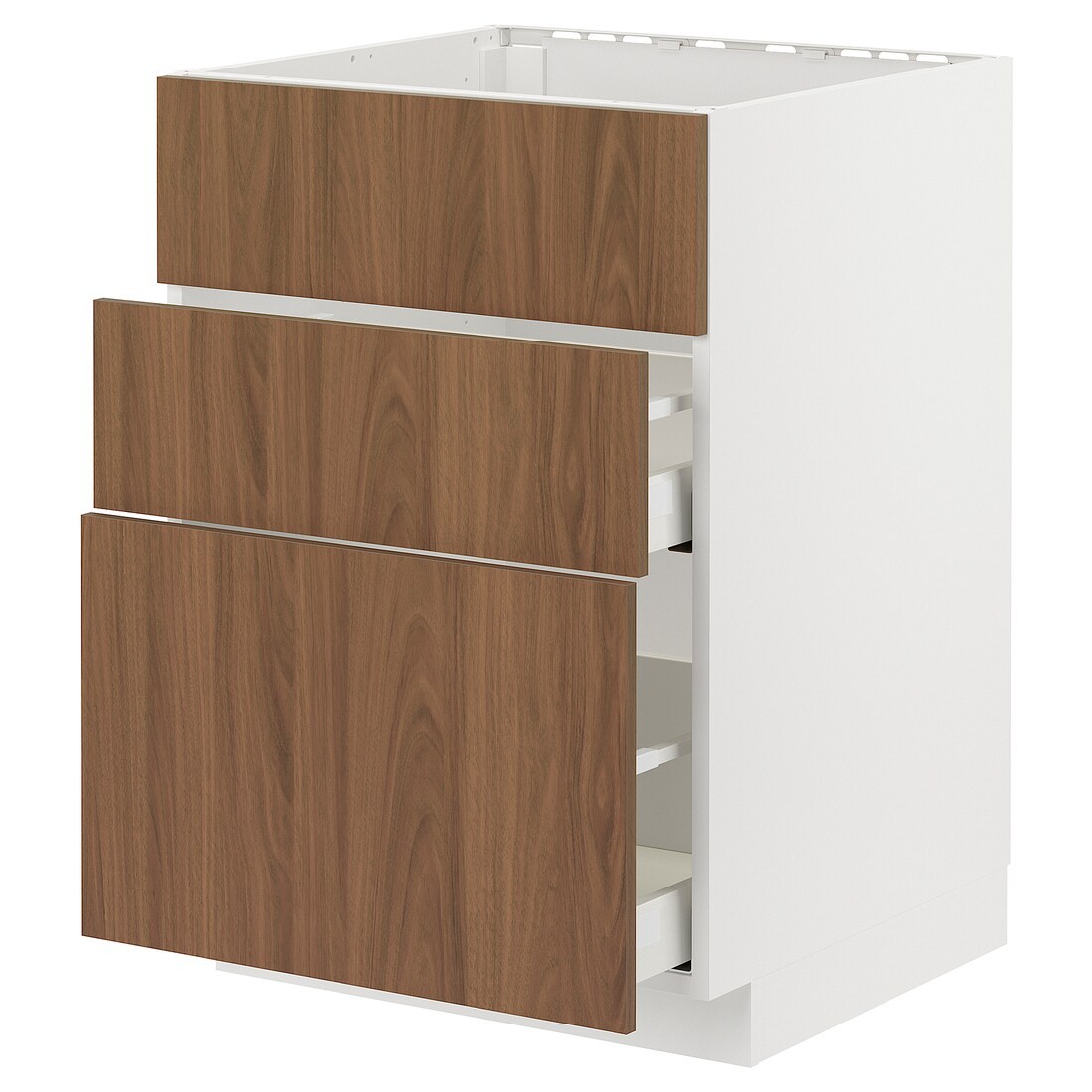 IKEA METOD / MAXIMERA Напольный шкаф для варочной панели / вытяжка с ящиком, белый / Имитация коричневого ореха, 60x60 см 49519067 495.190.67