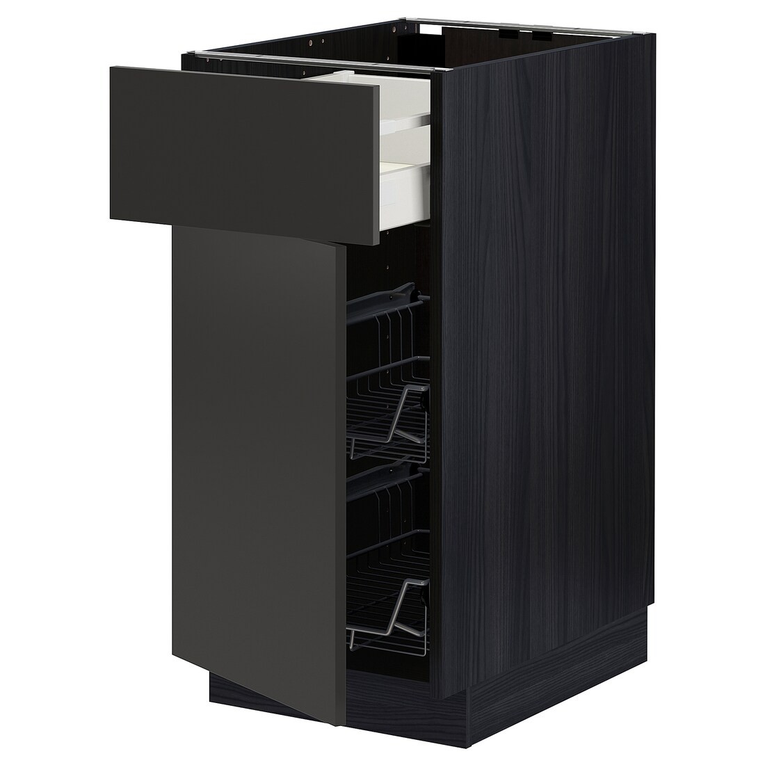 IKEA METOD МЕТОД / MAXIMERA МАКСИМЕРА Наполный шкаф с проволочными корзинами / ящиком / дверью, черный / Nickebo матовый антрацит, 40x60 см 89498077 894.980.77