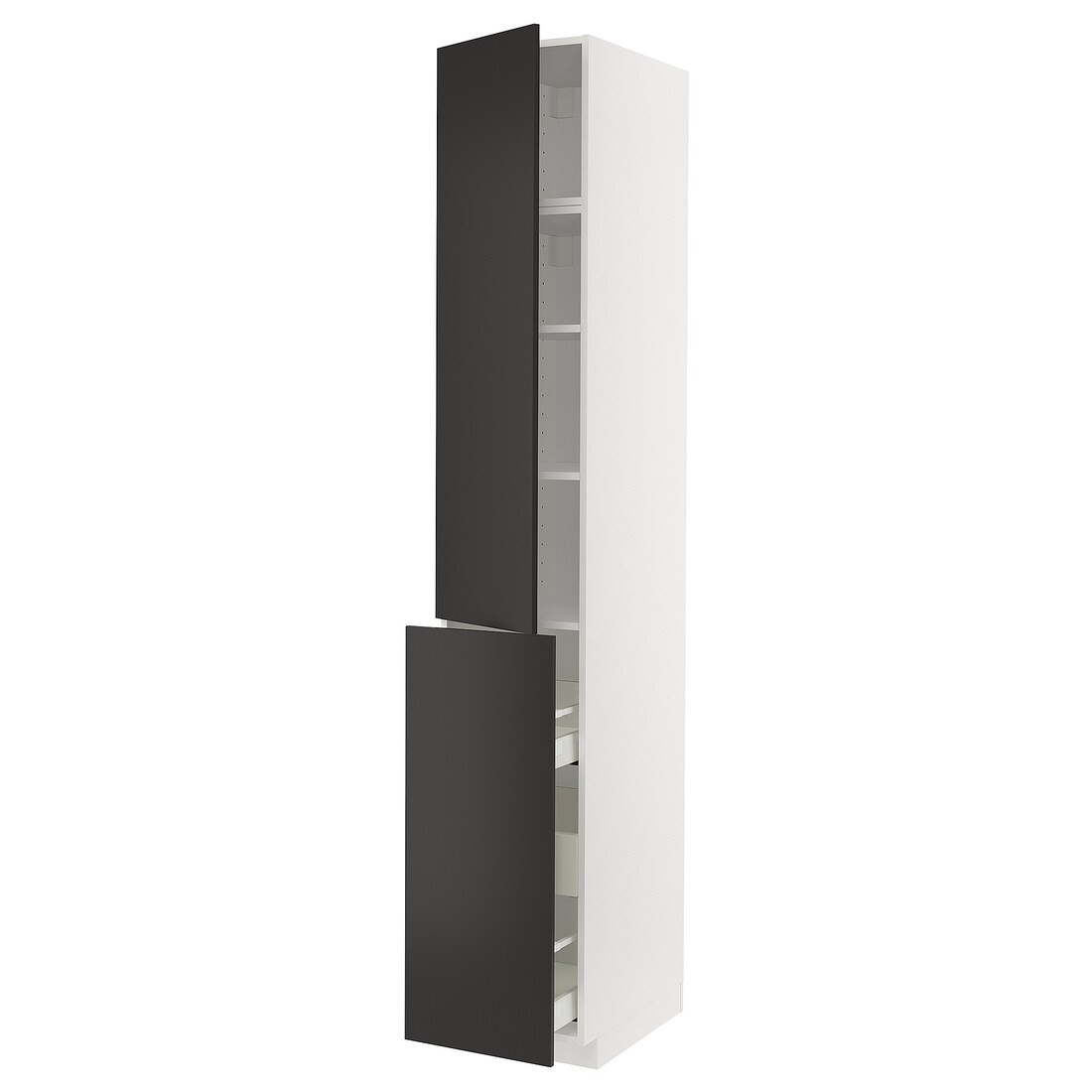 IKEA METOD МЕТОД / MAXIMERA МАКСИМЕРА Высокий шкаф 3 ящика / 1 дверь / 2 полки, белый / Nickebo матовый антрацит, 40x60x240 см 09498712 | 094.987.12