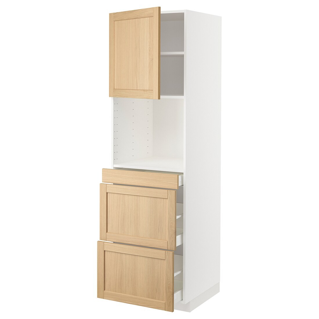 IKEA METOD / MAXIMERA Высокий шкаф для СВЧ / дверца / 3 ящика, белый / дуб Forsbacka, 60x60x200 см 09509560 | 095.095.60