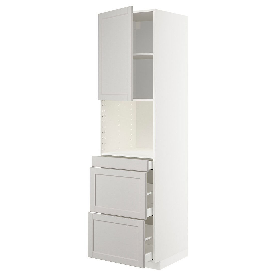 IKEA METOD МЕТОД / MAXIMERA МАКСИМЕРА Высокий шкаф для СВЧ / дверца / 3 ящика, белый / Lerhyttan светло-серый, 60x60x220 см 99463355 | 994.633.55