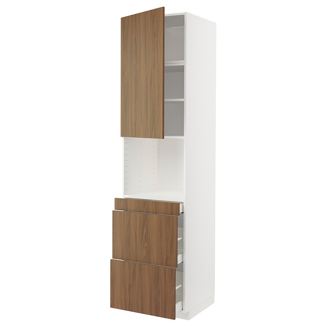 IKEA METOD / MAXIMERA Высокий шкаф для СВЧ / дверца / 3 ящика, белый / Имитация коричневого ореха, 60x60x240 см 59519062 | 595.190.62