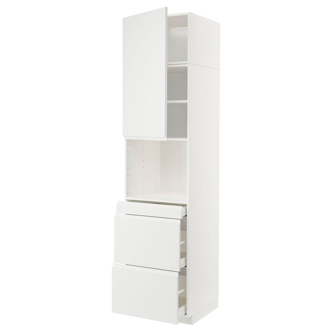 IKEA METOD МЕТОД / MAXIMERA МАКСИМЕРА Высокий шкаф для СВЧ / дверца / 3 ящика, белый / Voxtorp матовый белый, 60x60x240 см 29458705 | 294.587.05