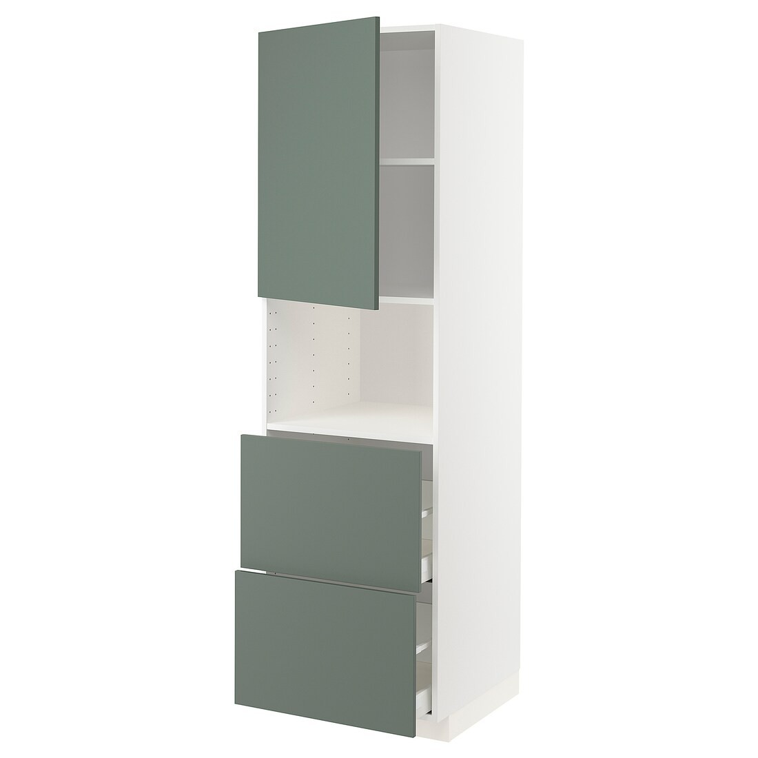 IKEA METOD МЕТОД / MAXIMERA МАКСИМЕРА Высокий шкаф для микроволновки с дверями / 2 ящика, белый / Bodarp серо-зеленый, 60x60x200 см 69455677 | 694.556.77