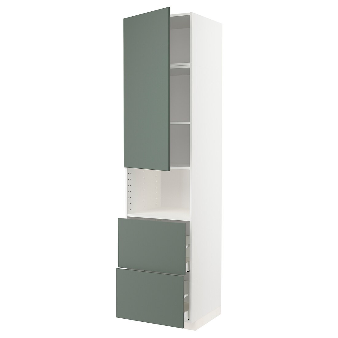IKEA METOD МЕТОД / MAXIMERA МАКСИМЕРА Высокий шкаф для микроволновки с дверями / 2 ящика, белый / Bodarp серо-зеленый, 60x60x240 см 29461473 | 294.614.73