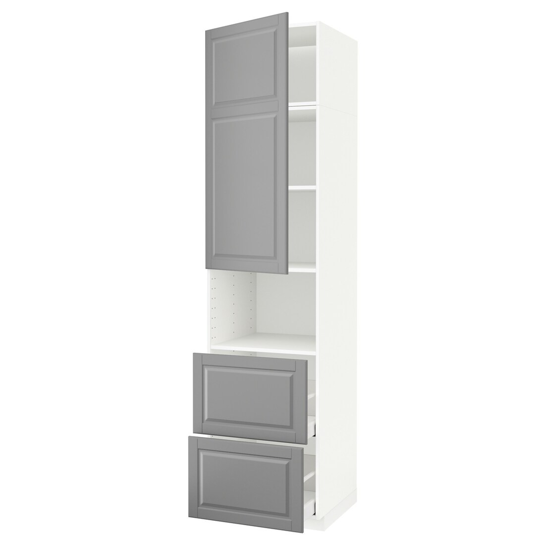 IKEA METOD МЕТОД / MAXIMERA МАКСИМЕРА Высокий шкаф для микроволновки с дверями / 2 ящика, белый / Bodbyn серый, 60x60x240 см 29457471 | 294.574.71