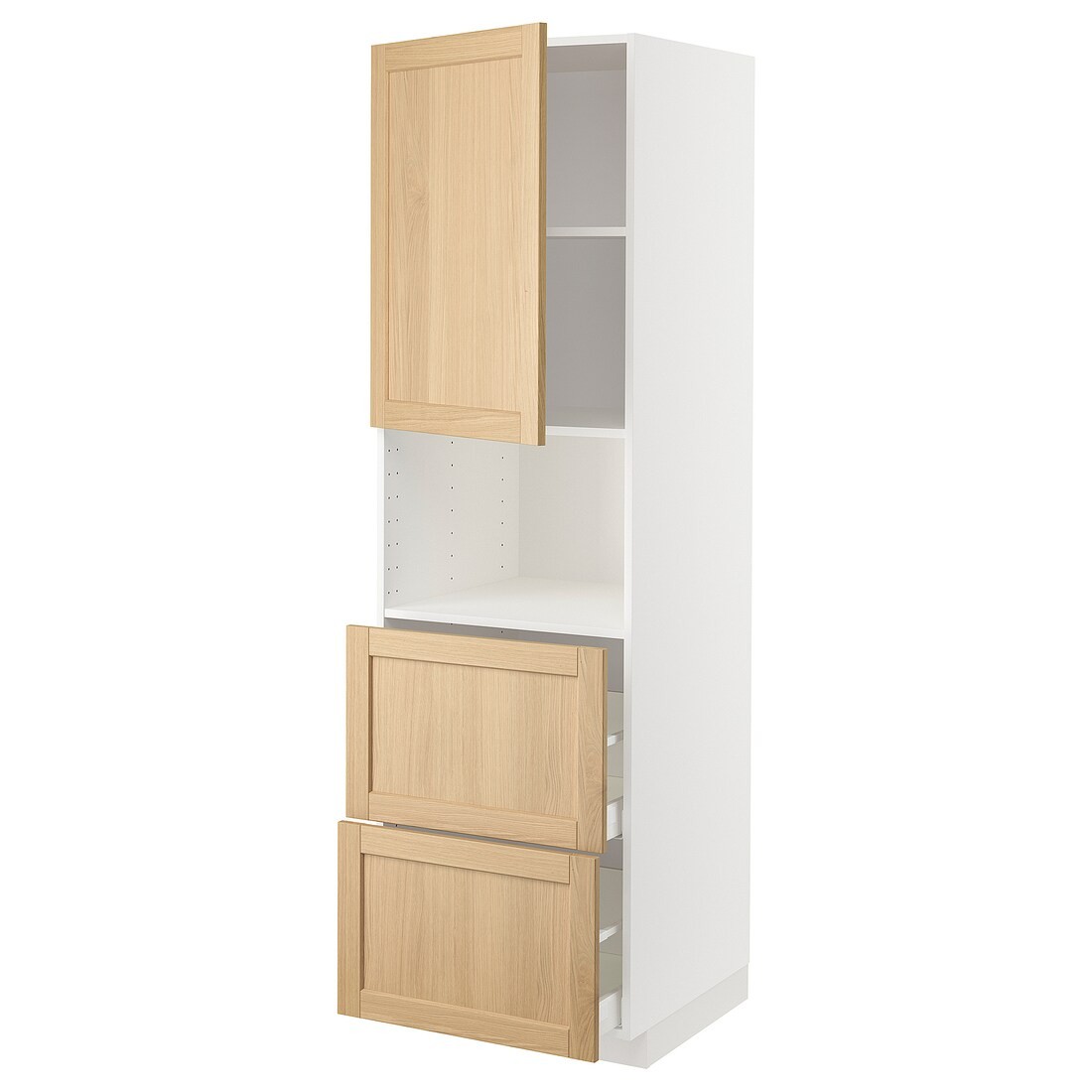 IKEA METOD / MAXIMERA Высокий шкаф для микроволновки с дверями / 2 ящика, белый / дуб Forsbacka, 60x60x200 см 99509551 | 995.095.51