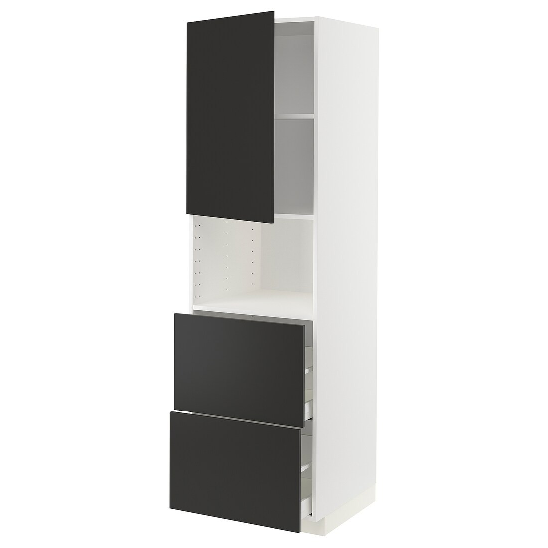IKEA METOD МЕТОД / MAXIMERA МАКСИМЕРА Высокий шкаф для микроволновки с дверями / 2 ящика, белый / Nickebo матовый антрацит, 60x60x200 см 69498733 | 694.987.33
