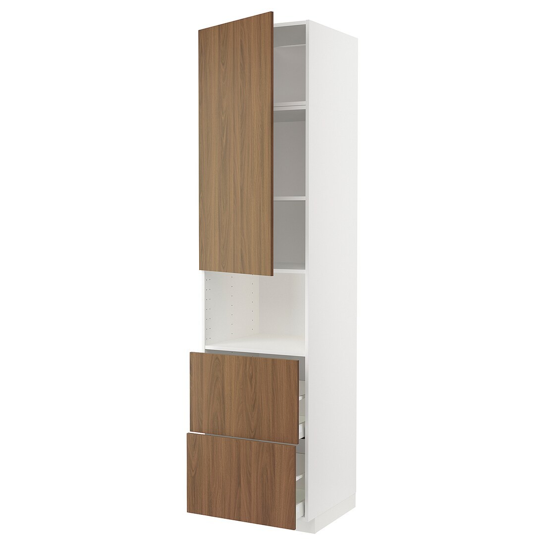 IKEA METOD / MAXIMERA Высокий шкаф для микроволновки с дверями / 2 ящика, белый / Имитация коричневого ореха, 60x60x240 см 19519511 | 195.195.11