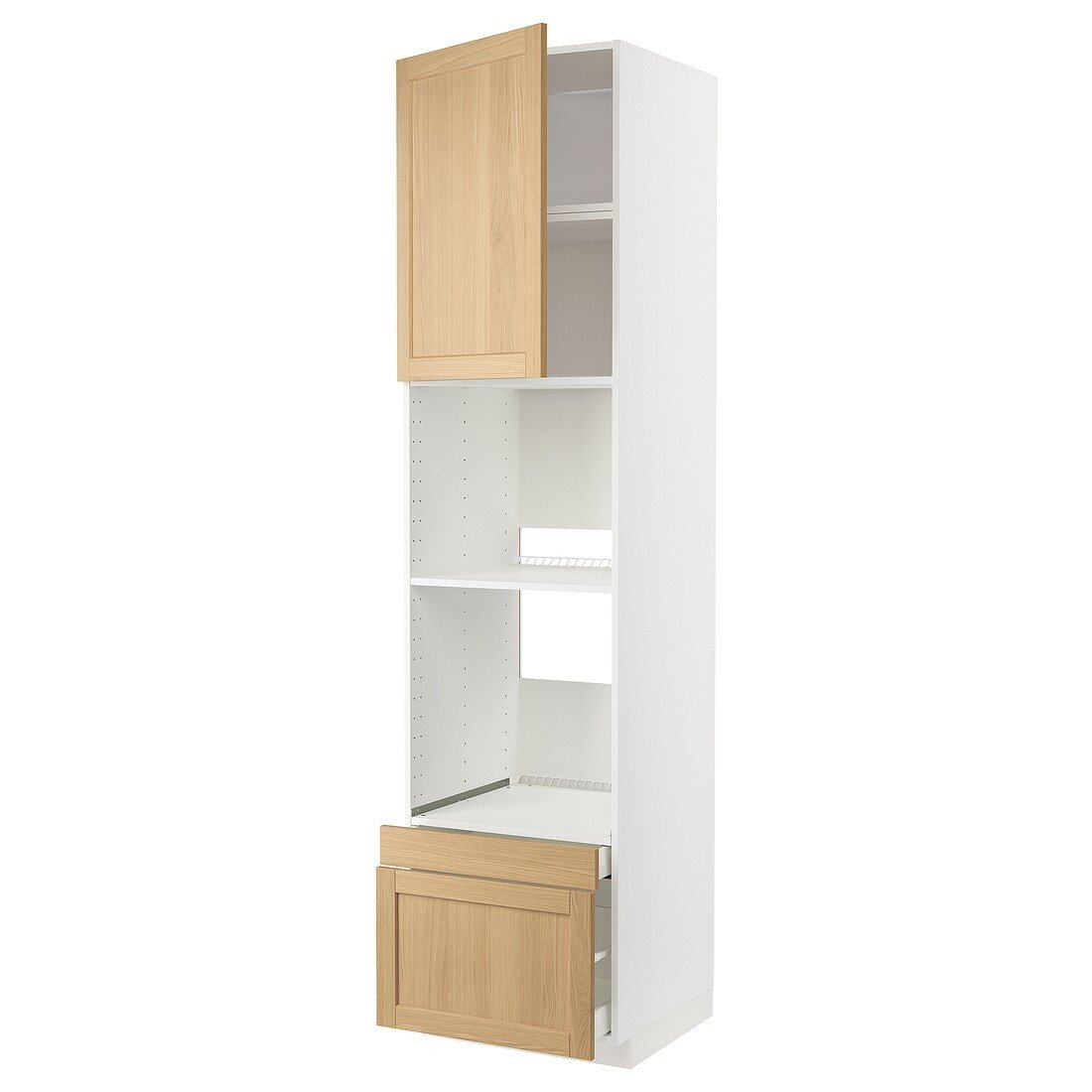 IKEA METOD / MAXIMERA Высокий шкаф для духовки комби с дверцей / ящиками, белый / дуб Forsbacka, 60x60x240 см 79509571 | 795.095.71