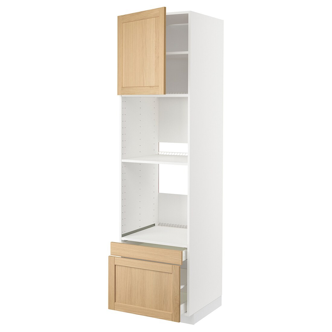IKEA METOD / MAXIMERA Высокий шкаф для духовки комби с дверцей / ящиками, белый / дуб Forsbacka, 60x60x220 см 89509523 | 895.095.23