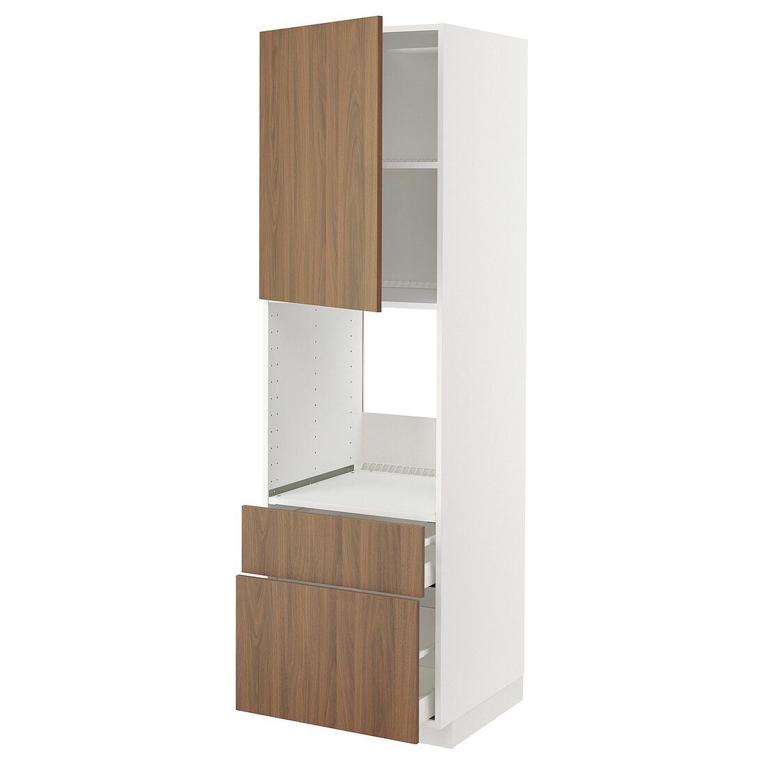 IKEA METOD / MAXIMERA Высокий шкаф для духовки с дверцей / ящиками, белый / Имитация коричневого ореха, 60x60x200 см 59519024 | 595.190.24