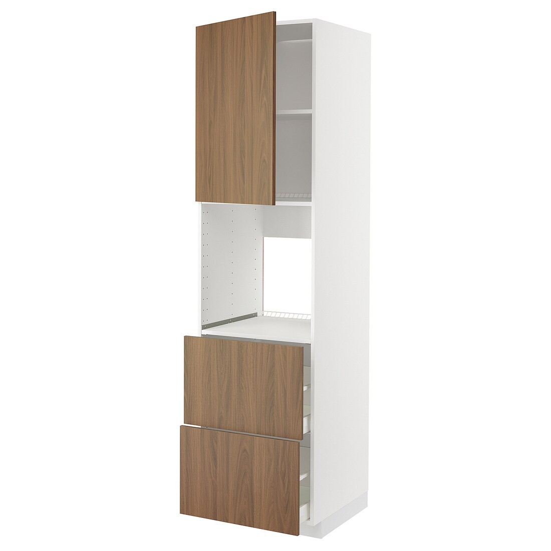IKEA METOD / MAXIMERA Высокий шкаф для духовки с дверцей / ящиками, белый / Имитация коричневого ореха, 60x60x220 см 19519224 | 195.192.24