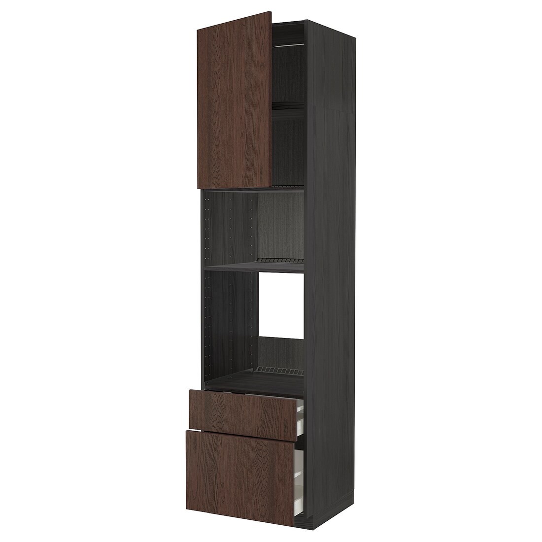 IKEA METOD МЕТОД / MAXIMERA МАКСИМЕРА Высокий шкаф для духовки / микроволновки с дверями / 2 ящиками, черный / Sinarp коричневый, 60x60x240 см 79469749 | 794.697.49