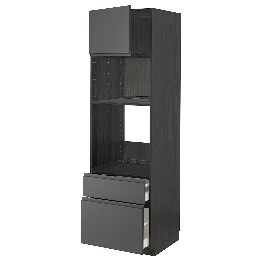 IKEA METOD МЕТОД / MAXIMERA МАКСИМЕРА Высокий шкаф для духовки / микроволновки с дверями / 2 ящиками, черный / Voxtorp темно-серый, 60x60x200 см 29455306 | 294.553.06