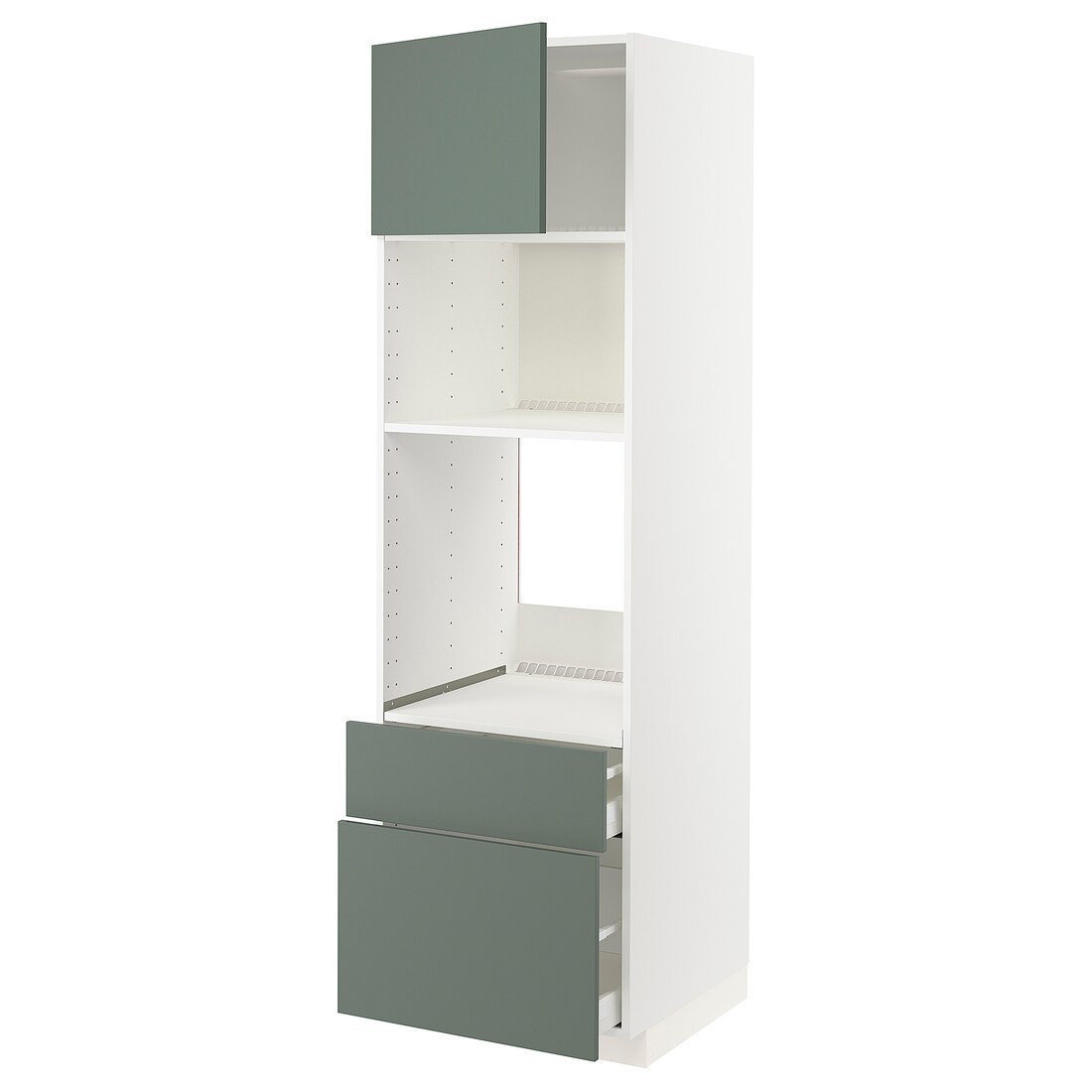 IKEA METOD МЕТОД / MAXIMERA МАКСИМЕРА Высокий шкаф для духовки / микроволновки с дверями / 2 ящиками, белый / Bodarp серо-зеленый, 60x60x200 см 69467576 | 694.675.76