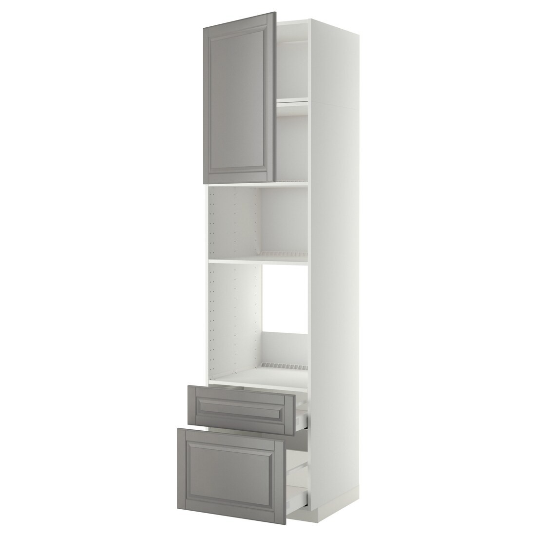 IKEA METOD МЕТОД / MAXIMERA МАКСИМЕРА Высокий шкаф для духовки / микроволновки с дверями / 2 ящиками, белый / Bodbyn серый, 60x60x240 см 19467036 194.670.36