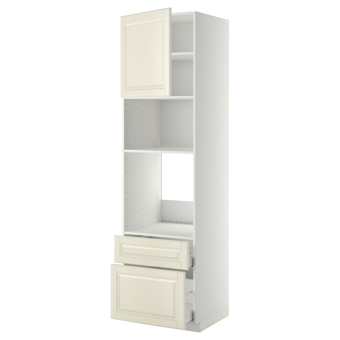 IKEA METOD МЕТОД / MAXIMERA МАКСИМЕРА Высокий шкаф для духовки / микроволновки с дверями / 2 ящиками, белый / Bodbyn кремовый, 60x60x220 см 69460481 694.604.81