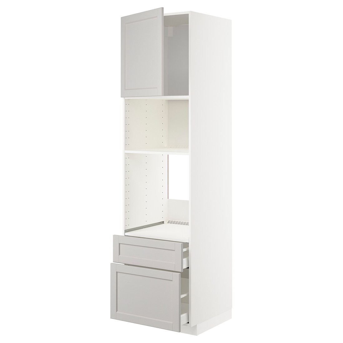 IKEA METOD МЕТОД / MAXIMERA МАКСИМЕРА Высокий шкаф для духовки / микроволновки с дверями / 2 ящиками, белый / Lerhyttan светло-серый, 60x60x220 см 49463819 | 494.638.19