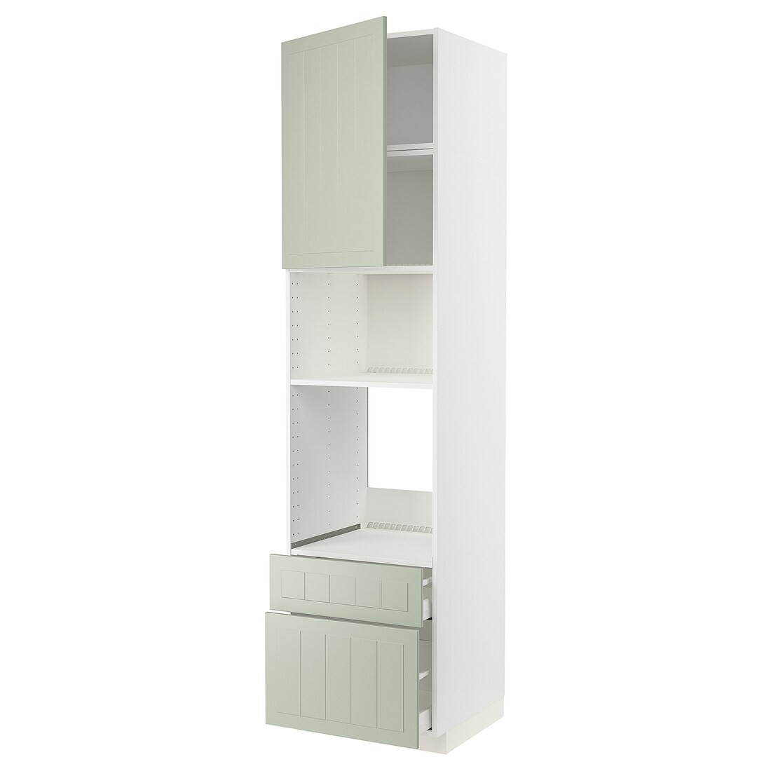 IKEA METOD МЕТОД / MAXIMERA МАКСИМЕРА Высокий шкаф для духовки / микроволновки с дверями / 2 ящиками, белый / Stensund светло-зеленый, 60x60x240 см 39487571 | 394.875.71