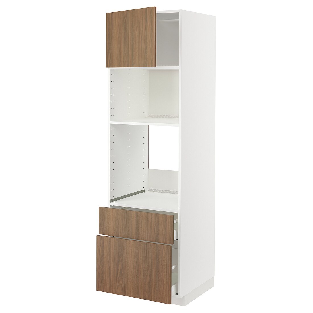 IKEA METOD / MAXIMERA Высокий шкаф для духовки / микроволновки с дверями / 2 ящиками, белый / Имитация коричневого ореха, 60x60x200 см 19519870 | 195.198.70