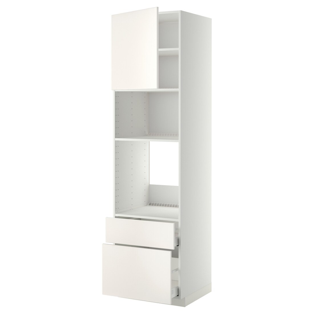 IKEA METOD МЕТОД / MAXIMERA МАКСИМЕРА Высокий шкаф для духовки / микроволновки с дверями / 2 ящиками, белый / Veddinge белый, 60x60x220 см 39460265 | 394.602.65