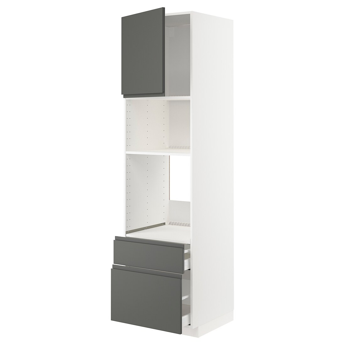 IKEA METOD МЕТОД / MAXIMERA МАКСИМЕРА Высокий шкаф для духовки / микроволновки с дверями / 2 ящиками, белый / Voxtorp темно-серый, 60x60x220 см 09457962 | 094.579.62