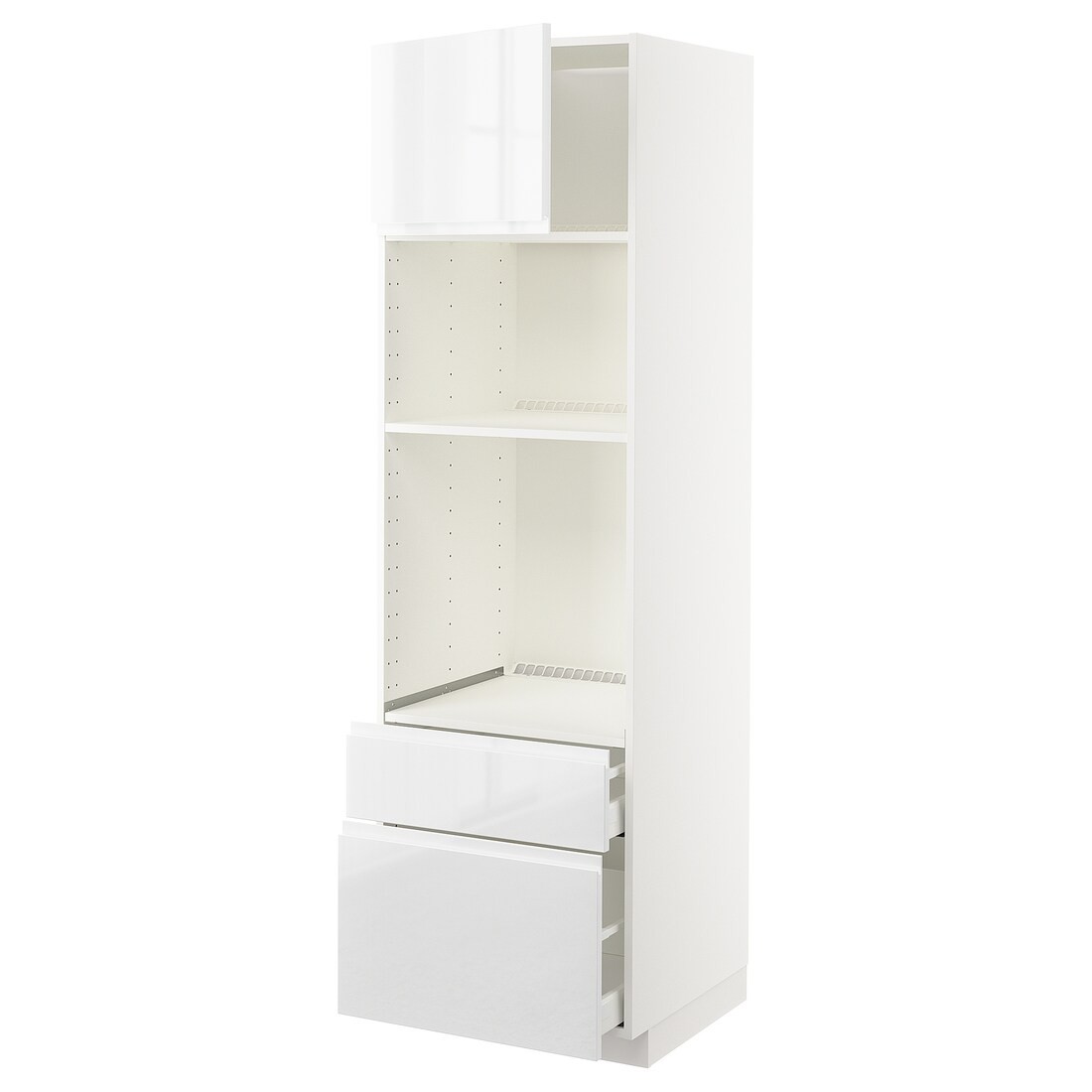 IKEA METOD МЕТОД / MAXIMERA МАКСИМЕРА Высокий шкаф для духовки / микроволновки с дверями / 2 ящиками, белый / Voxtorp глянцевый / белый, 60x60x200 см 19467041 | 194.670.41