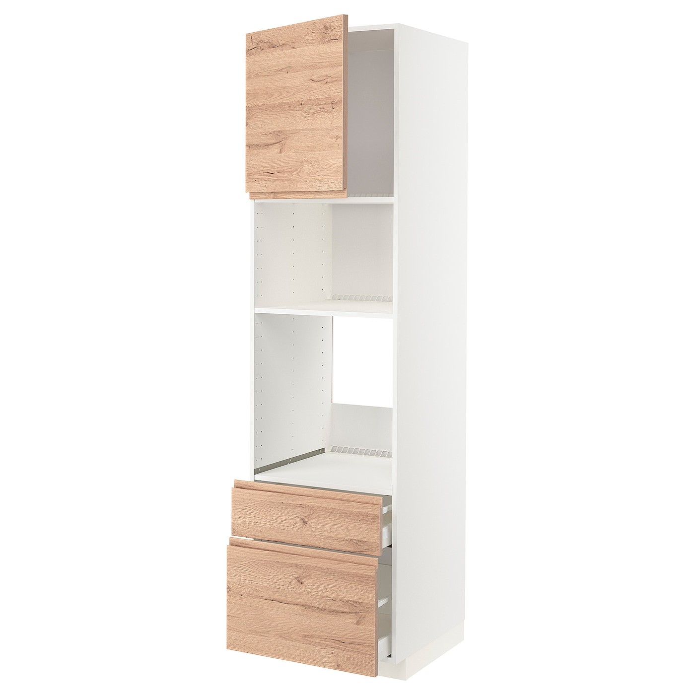 IKEA METOD МЕТОД / MAXIMERA МАКСИМЕРА Высокий шкаф для духовки / микроволновки с дверями / 2 ящиками, белый / Voxtorp имитация дуб, 60x60x220 см 89464082 | 894.640.82