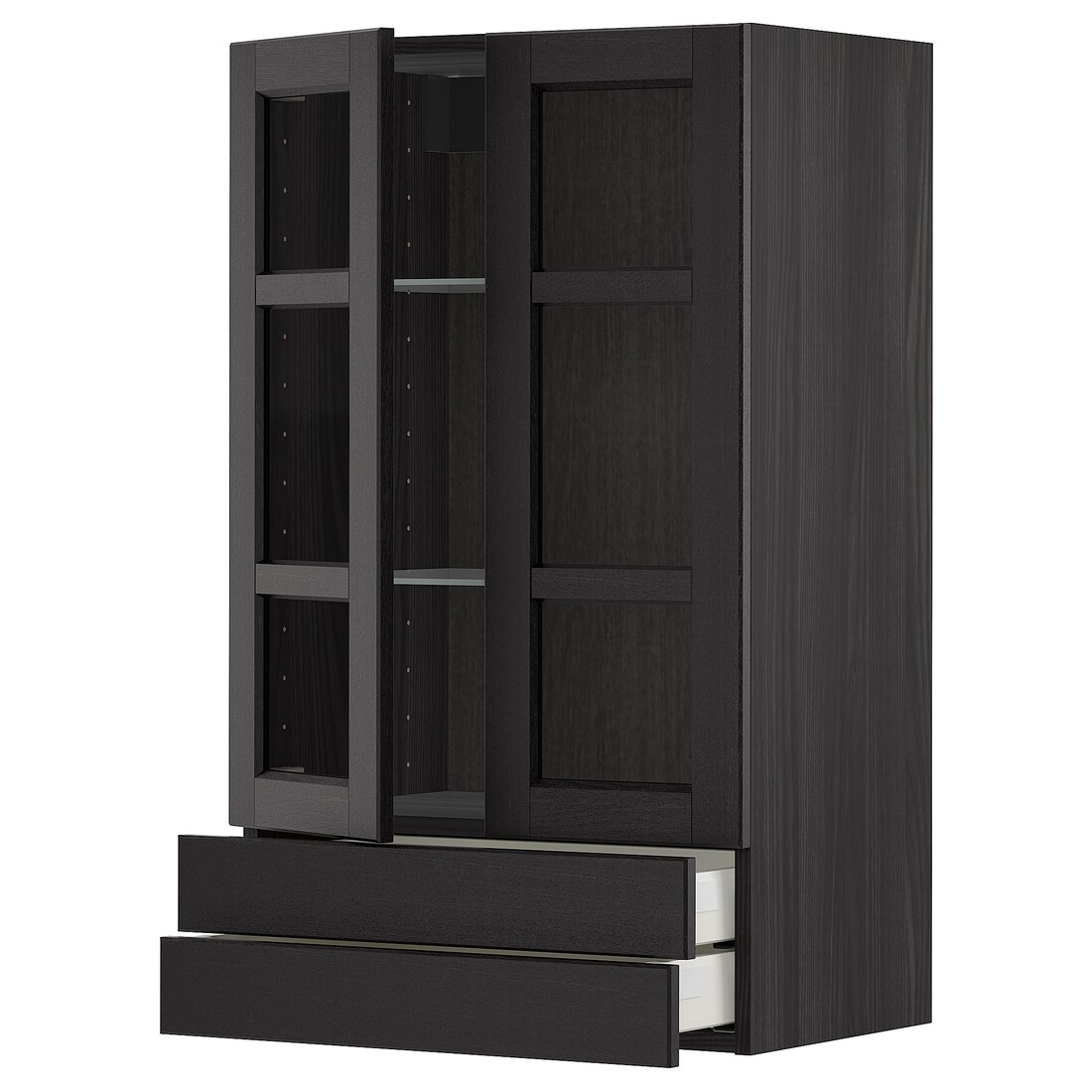 IKEA METOD МЕТОД / MAXIMERA МАКСИМЕРА Навесной шкаф / 2 стеклянные дверцы / 2 ящика, черный / Lerhyttan черная морилка, 60x100 см 29456650 294.566.50